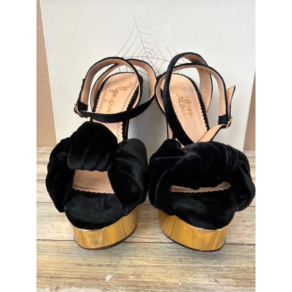 Charlotte Olympia Vreeland Black Velvet & Gold Platform Wedge Heel EU 39.5 w/Box - Picture 5 of 14